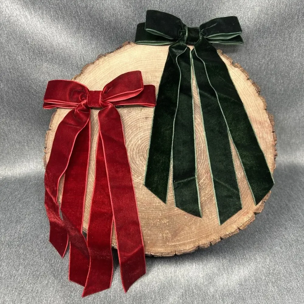 Two Velvet Hair Bows Long Ribbon Alligator Hair Clip Bundle Red Green Christmas